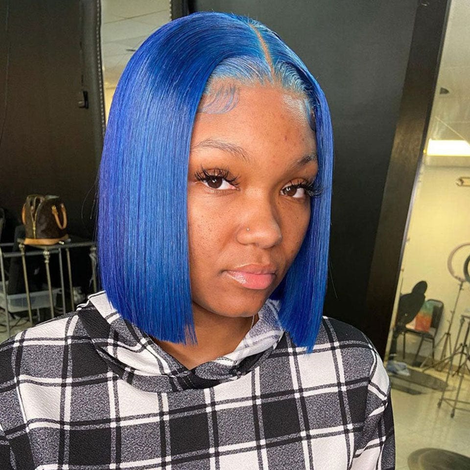 AILUXY 13x4 Lace Frontal Perruque Lisse Courte Bleu Bob Perruque Coupe Carrée 200% Densité 100% Cheveux Humains