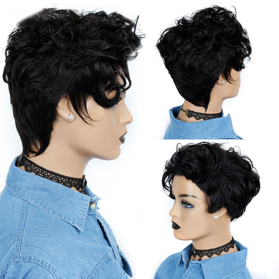 AILUXY Lisse Noir Pixie Cut Perruque Fabriquée à la Machine 100% Cheveux Humains (HC-005)