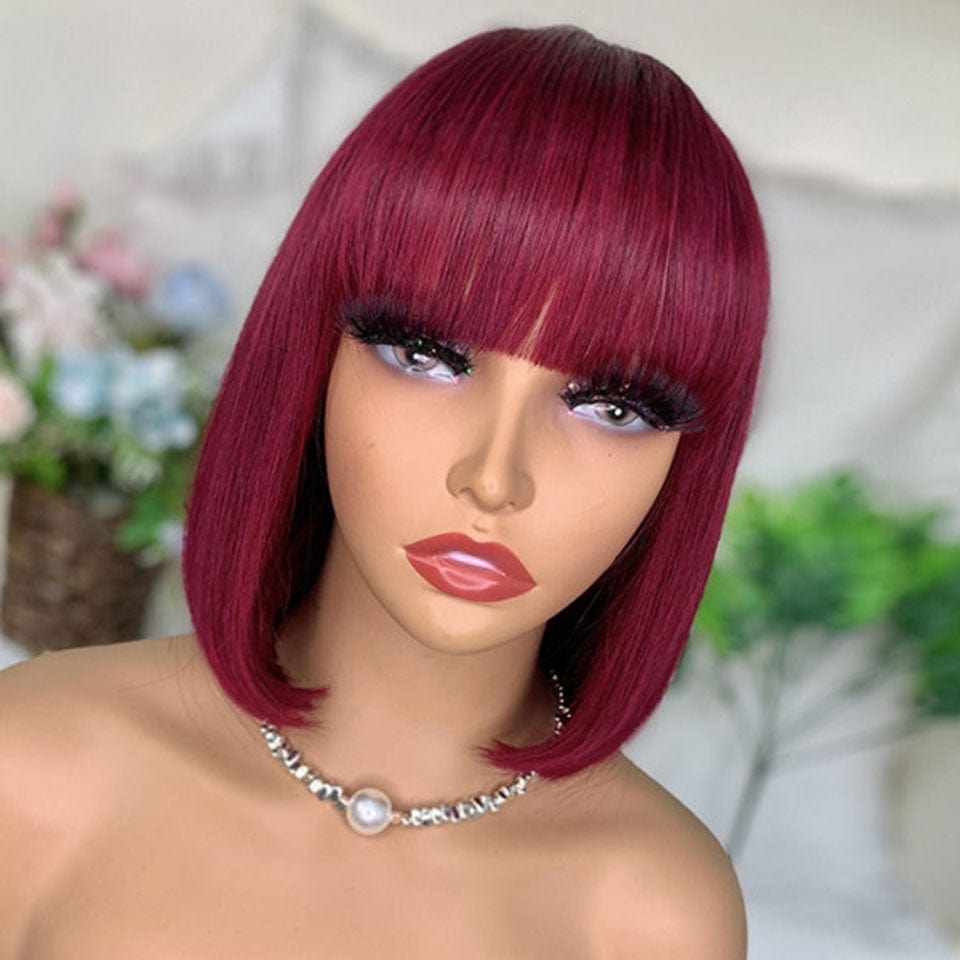 AILUXY 99J Rouge Bourgogne Lisse Bob Perruque Avec Frange 100% Cheveux Humains