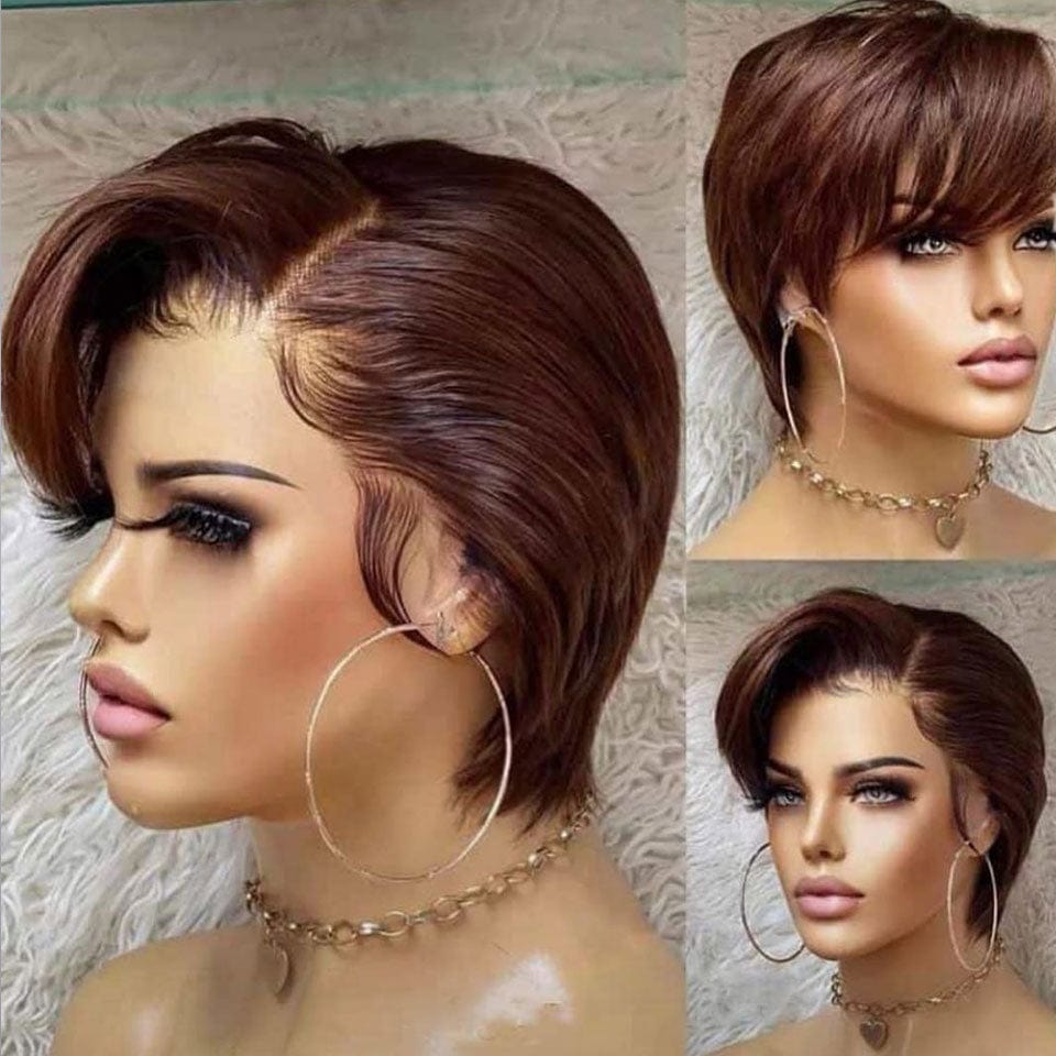 AILUXY T Part Lace Lisse Marron Courte Perruque 100% Cheveux Humains