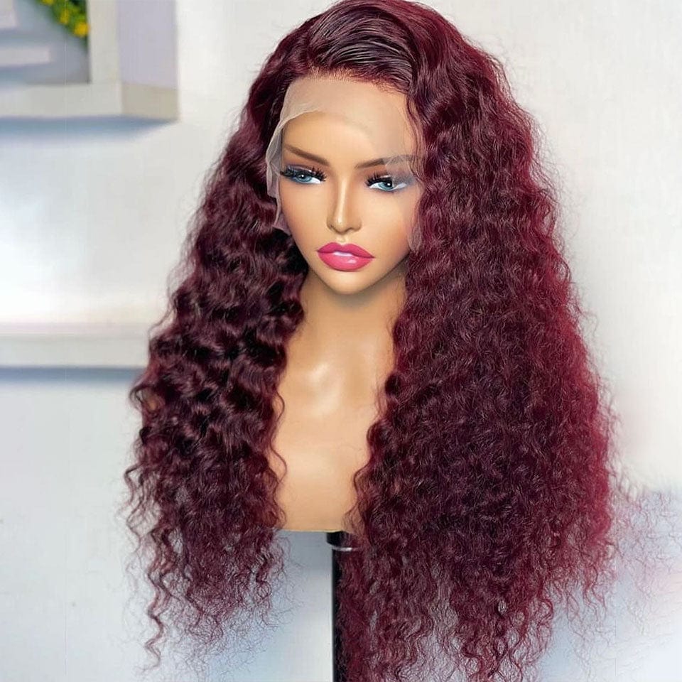 AILUXY 13x4 Lace Frontal 99J Bourgogne Deep Wave Longue Perruque 100% Cheveux Humains