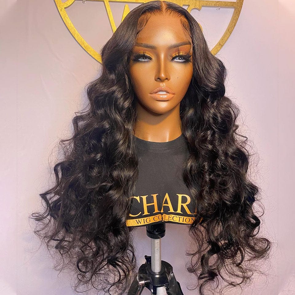 AILUXY 4x4 Lace Closure Perruque Loose Wave Longue Couleur naturelle 200% densité 100% cheveux humains