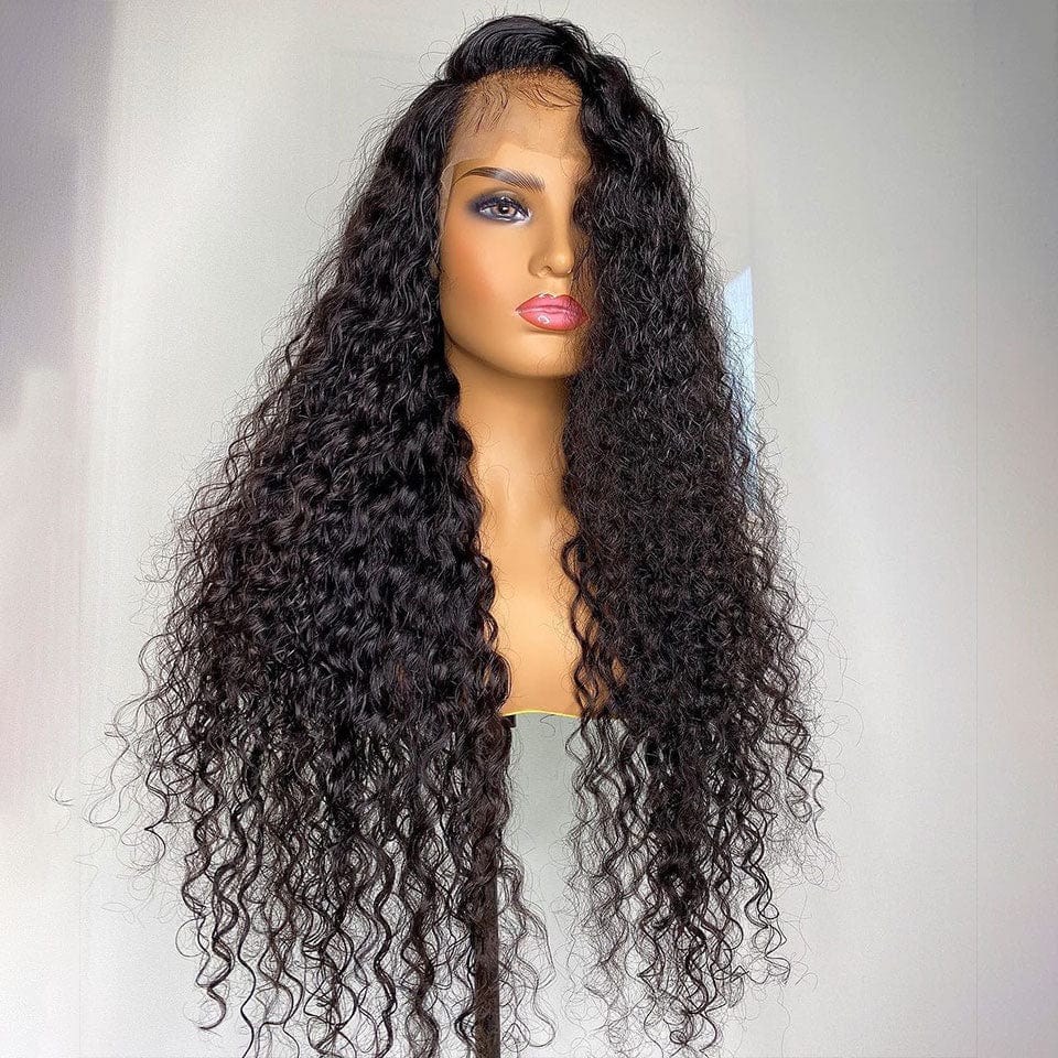 AILUXY 13x4 Lace Frontal Perruque Water Wave Longue Noir 250% Densité 100% Cheveux Humains