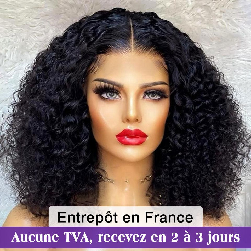 AILUXY 4x4 Lace Closure Perruque Deep Wave Courte Couleur Naturelle 250% densité 100% cheveux humains