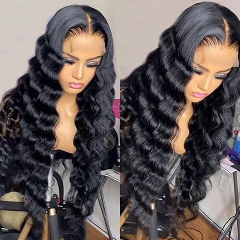 AILUXY 4x4 Lace Closure Perruque Natural Wave Longue Noir 200% densité 100% cheveux humains