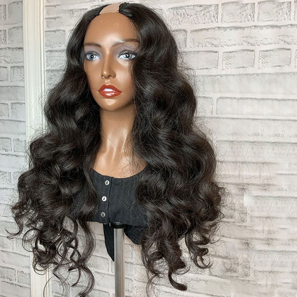 AILUXY U Part Lace Perruque Loose Wave Longue Noir Perruque 100% Cheveux Humains