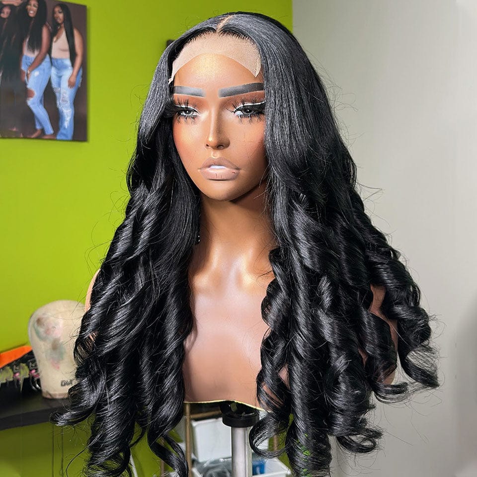 AILUXY 4x4 Lace Closure Perruque Loose Wave Longue Noir 250% densité 100% cheveux humains