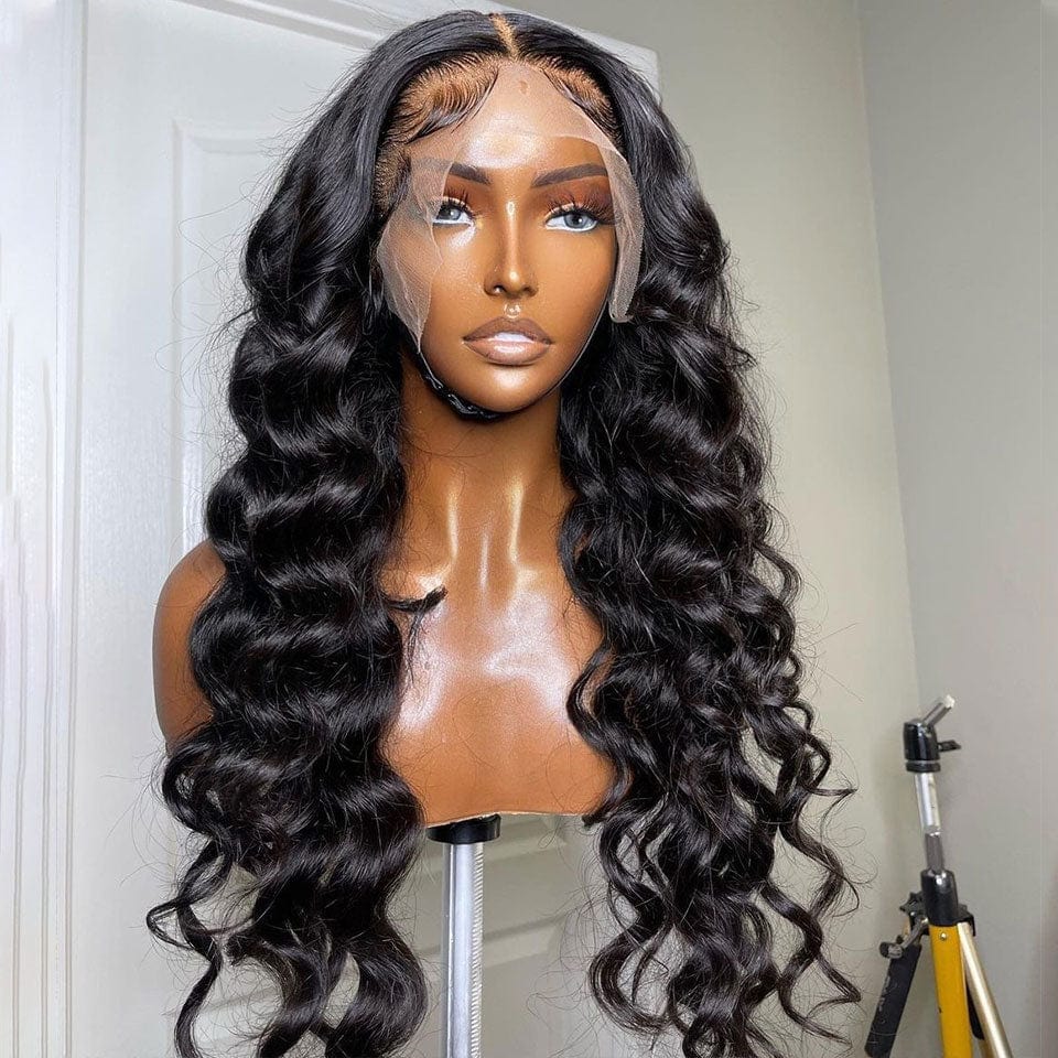 AILUXY 13x4 Lace Frontal Perruque Loose Wave Longue Noir 200% Densité 100% Cheveux Humains