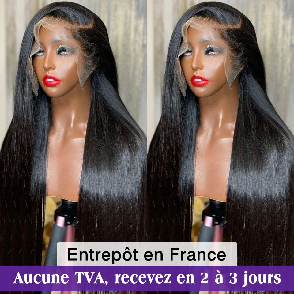 AILUXY 13x6 Lace Frontal Perruque Lisse Longue Noir 250% Densité 100% Cheveux Humains