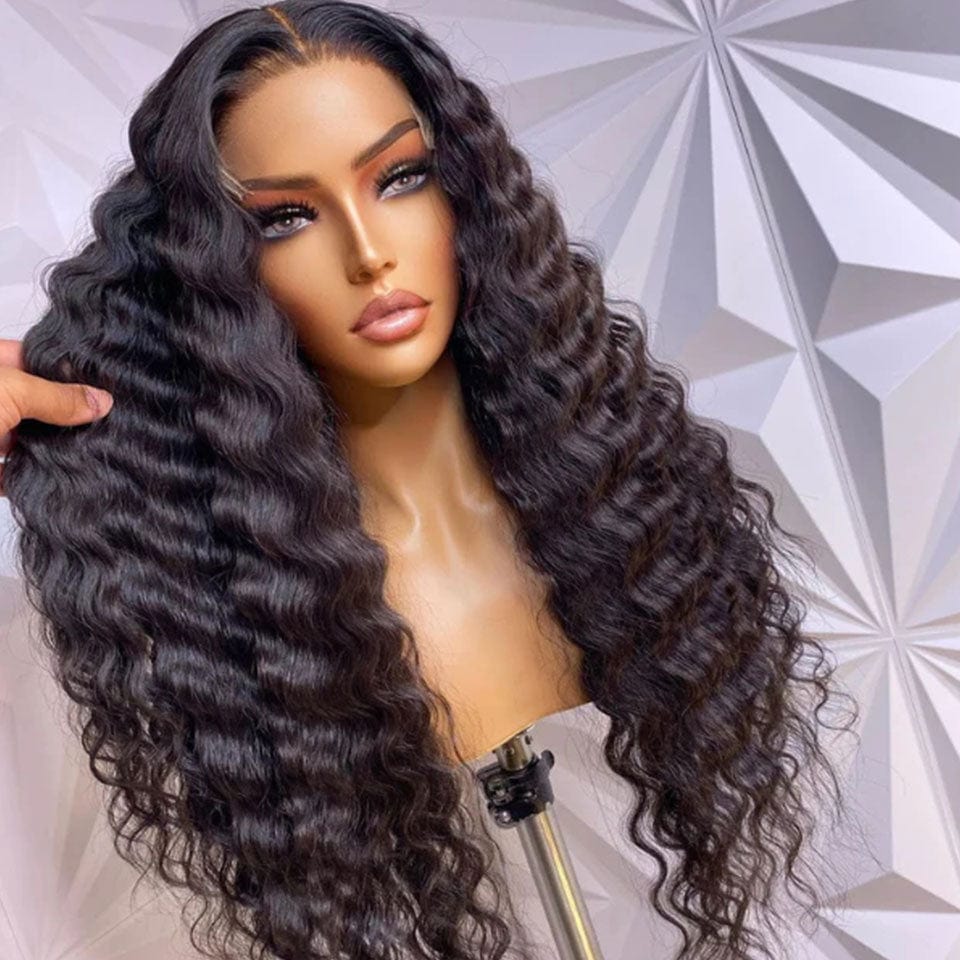 AILUXY 4x4 Lace Closure Perruque Natural Wave Longue Noir 200% densité 100% cheveux humains