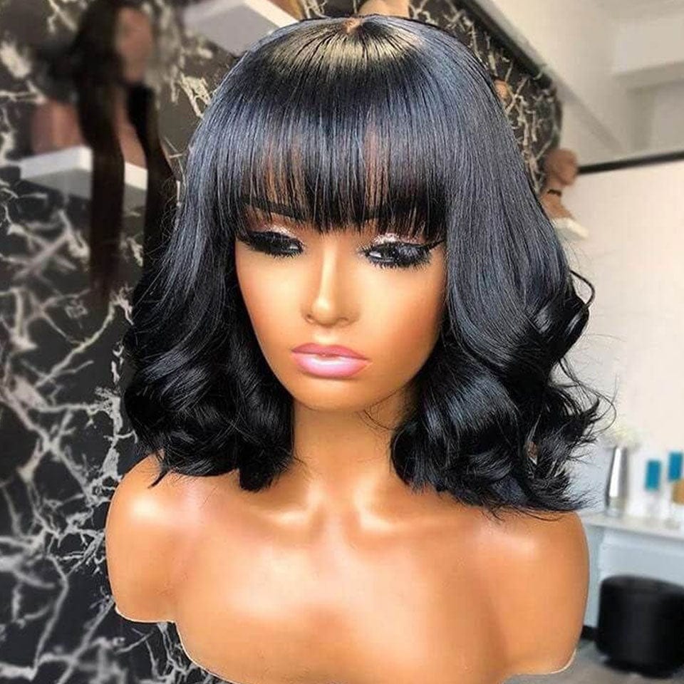 AILUXY Loose Wave Bob Perruque Avec Frange Fabriquée À La Machine 100% Cheveux Humains