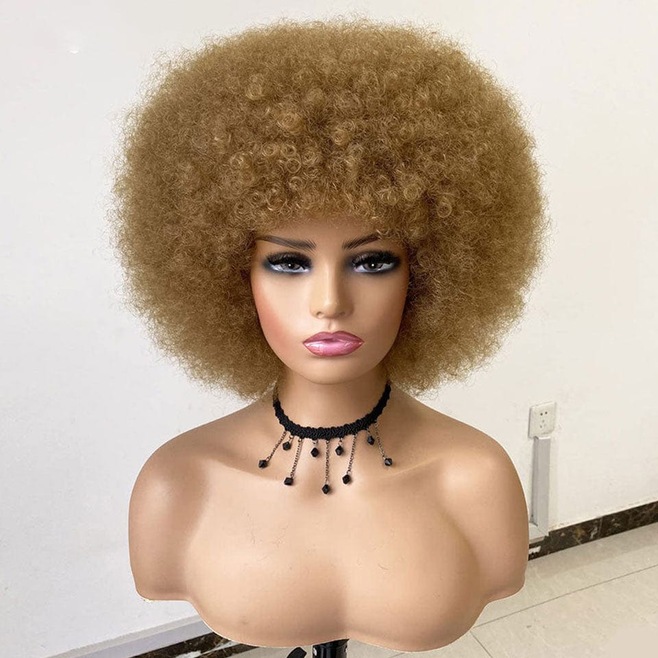 AILUXY Châtain Afro Curl Courte Perruque 100% Cheveux Humains