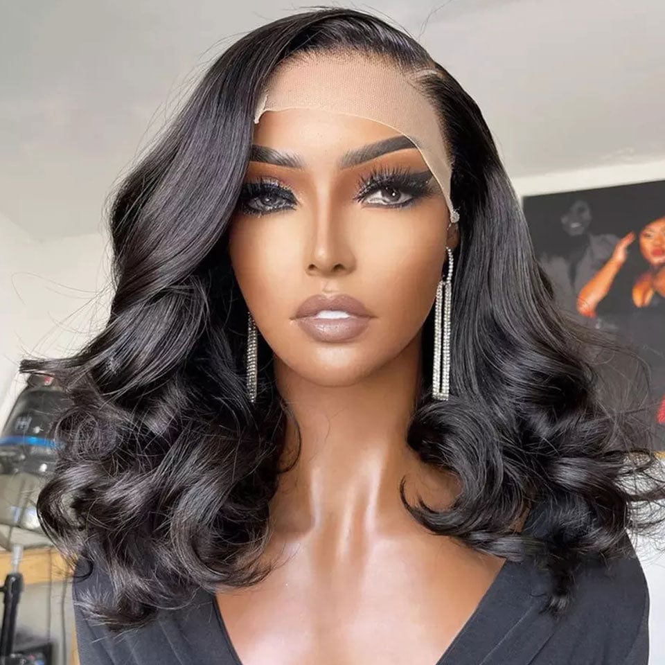 AILUXY 4x4 Lace Closure Perruque Body Wave Noir Courte Bob Perrruque 200% densité 100% cheveux humains