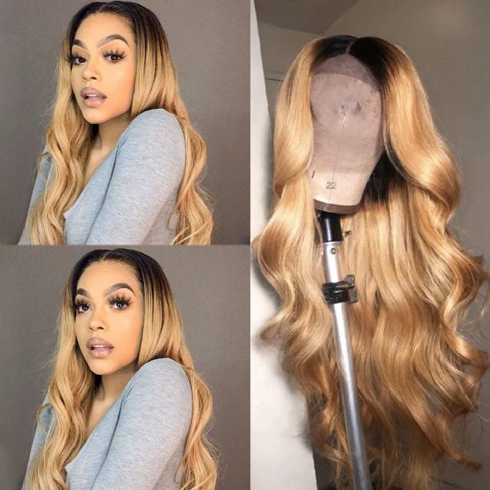 AILUXY 13x4 Lace Frontal Body Wave Longue Noir Châtiain 1B/27 Perruque 100% Cheveux Humains