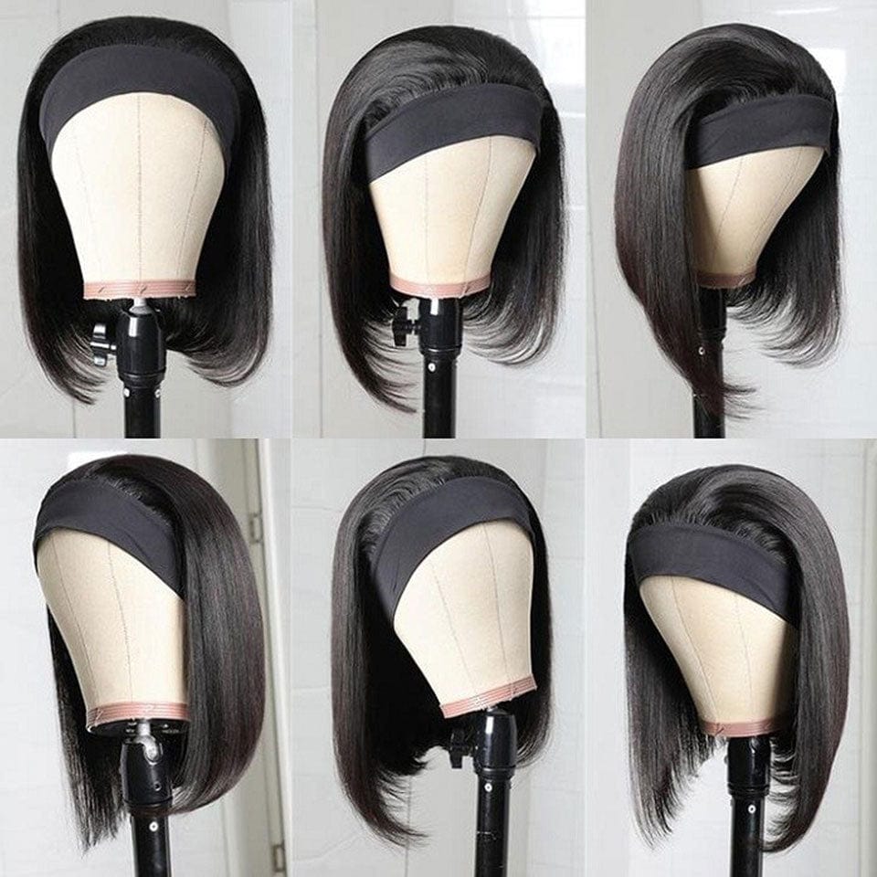 AILUXY Perruque Bandeau Lisse Noir Bob Perruque 100% Cheveux Humains