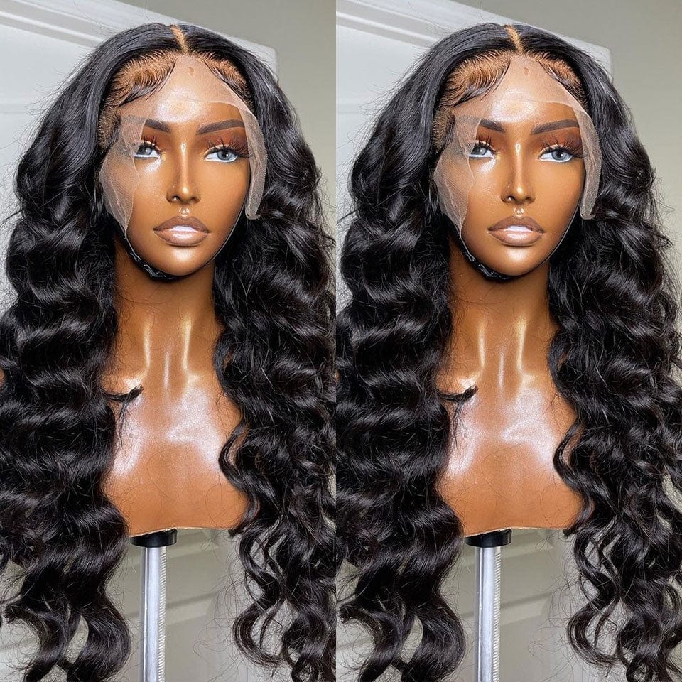 AILUXY 13x4 Lace Frontal Perruque Loose Wave Longue Noir 200% Densité 100% Cheveux Humains