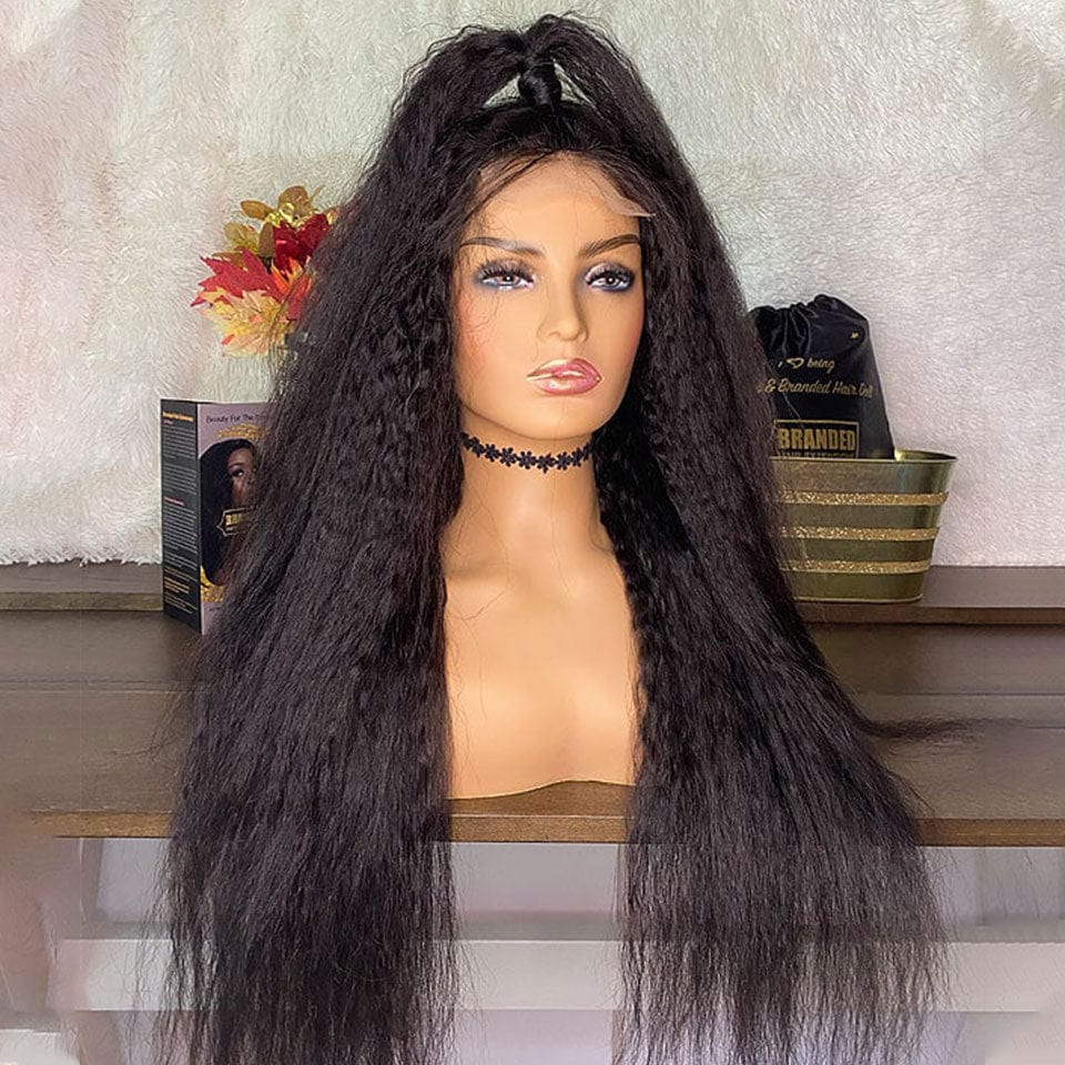 AILUXY 4x4 Lace Closure Perruque Kinky Lisse Longue Couleur naturelle 250% densité 100% cheveux humains