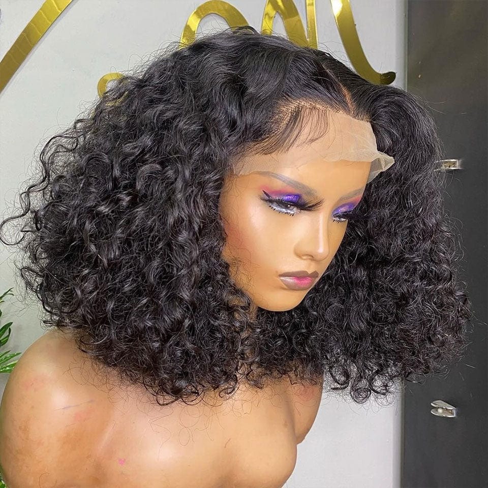 AILUXY 4x4 Lace Closure Perruque Deep Wave Courte Couleur Naturelle 250% densité 100% cheveux humains