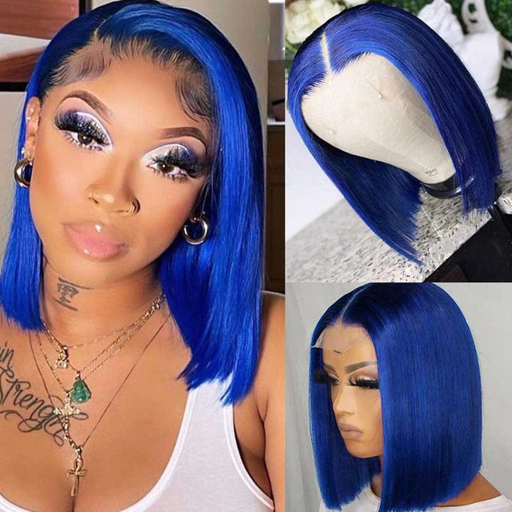 AILUXY 13x4 Lace Frontal Perruque Lisse Courte Bleu Bob Perruque Coupe Carrée 200% Densité 100% Cheveux Humains