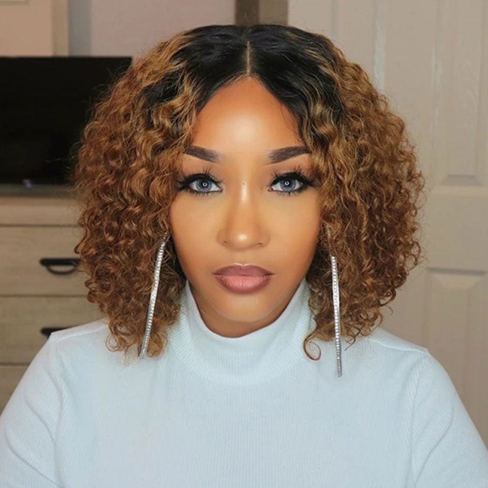 AILUXY 4x4 Lace Closure Chocolat Brun 1B/30 Bob Perruque Bouclé Courte Perruque En Coupe Carrée 100% Cheveux Humains