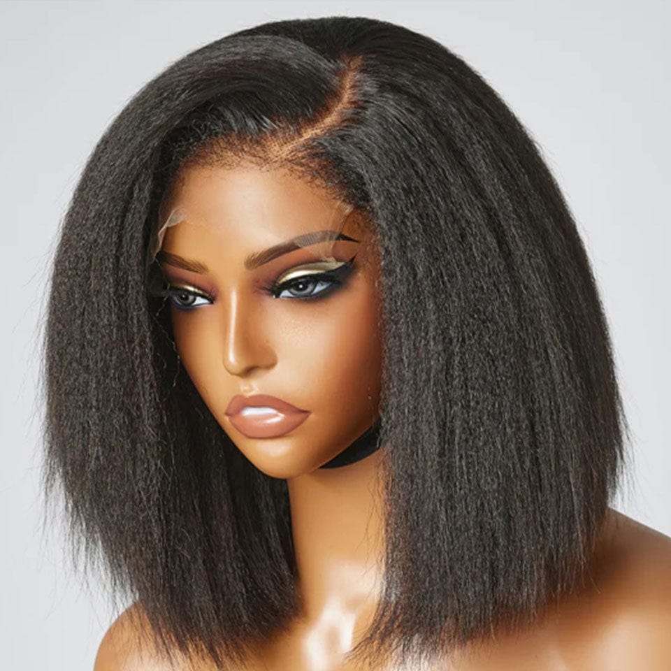 AILUXY 4x4 Lace Closure Perruque Kinky Lisse Courte Bob Perruque Couleur naturelle 250% densité 100% cheveux humains