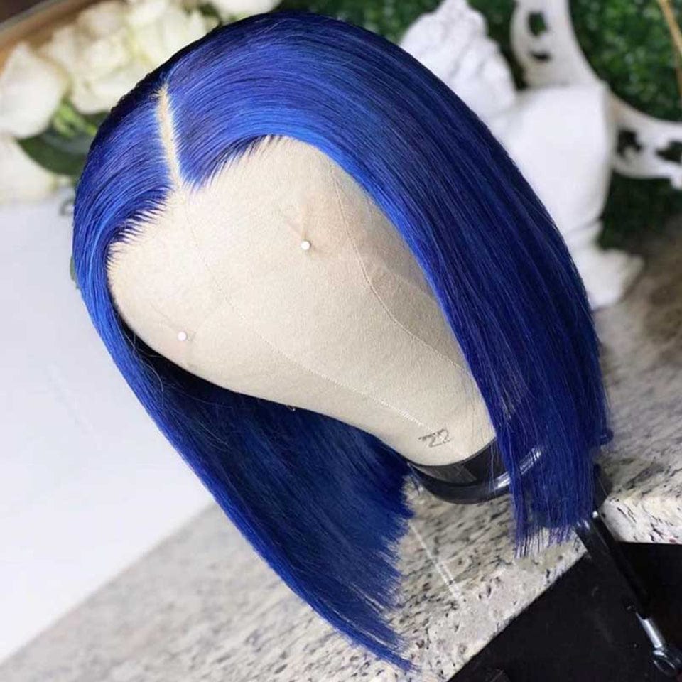 AILUXY 13x4 Lace Frontal Perruque Lisse Courte Bleu Bob Perruque Coupe Carrée 200% Densité 100% Cheveux Humains