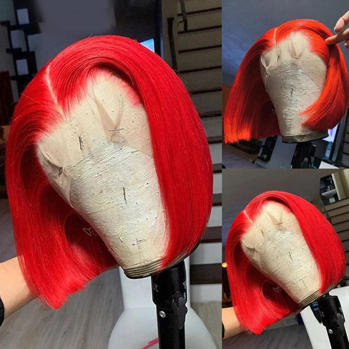 AILUXY 13x4 Lace Frontal Lisse Rouge Bob Perruque Coupe Carrée 100% Cheveux Humains