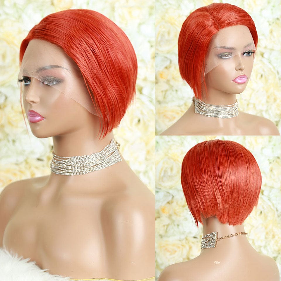 AILUXY T Part Lace Lisse Gingembre Orange Courte Pixie Perruque 100% Cheveux Humains