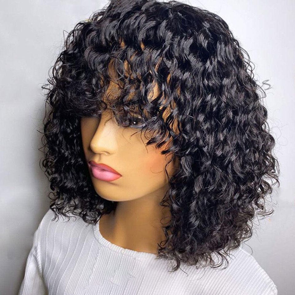 AILUXY Water Wave Noir Bob Perruque Avec Frange Fabriquée À La Machine 100% Cheveux Humains