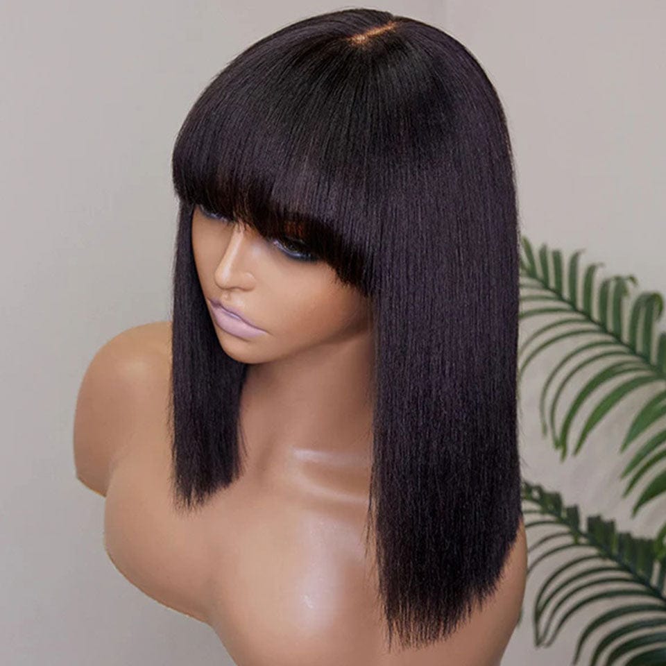 AILUXY Lisse Noir Bob Perruque Avec Frange 100% Cheveux Humains