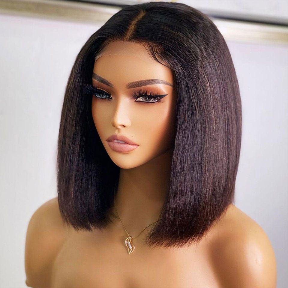 AILUXY 4x4 Lace Closure Perruque Kinky Lisse Bob Perruque Courte Couleur naturelle 200% densité 100% cheveux humains