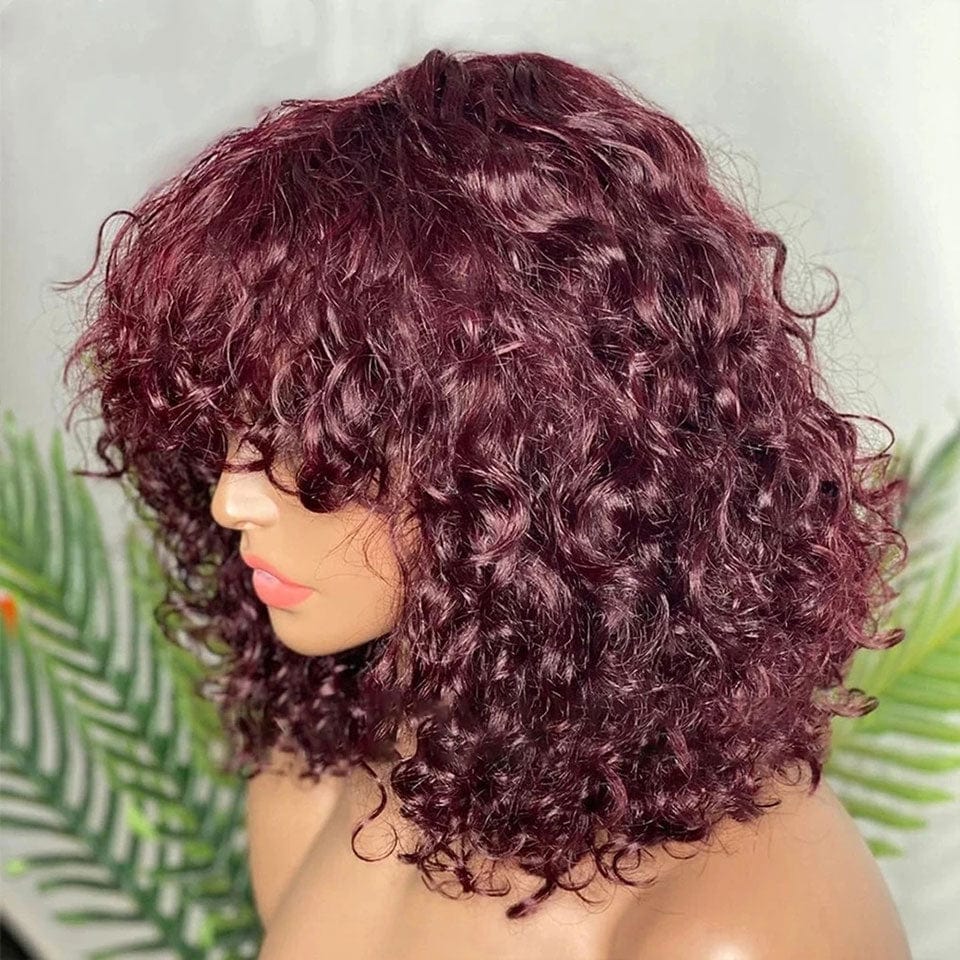 AILUXY Deep Wave Rouge Foncé 99J Bob Perruque Avec Frange Fabriquée À La Machine