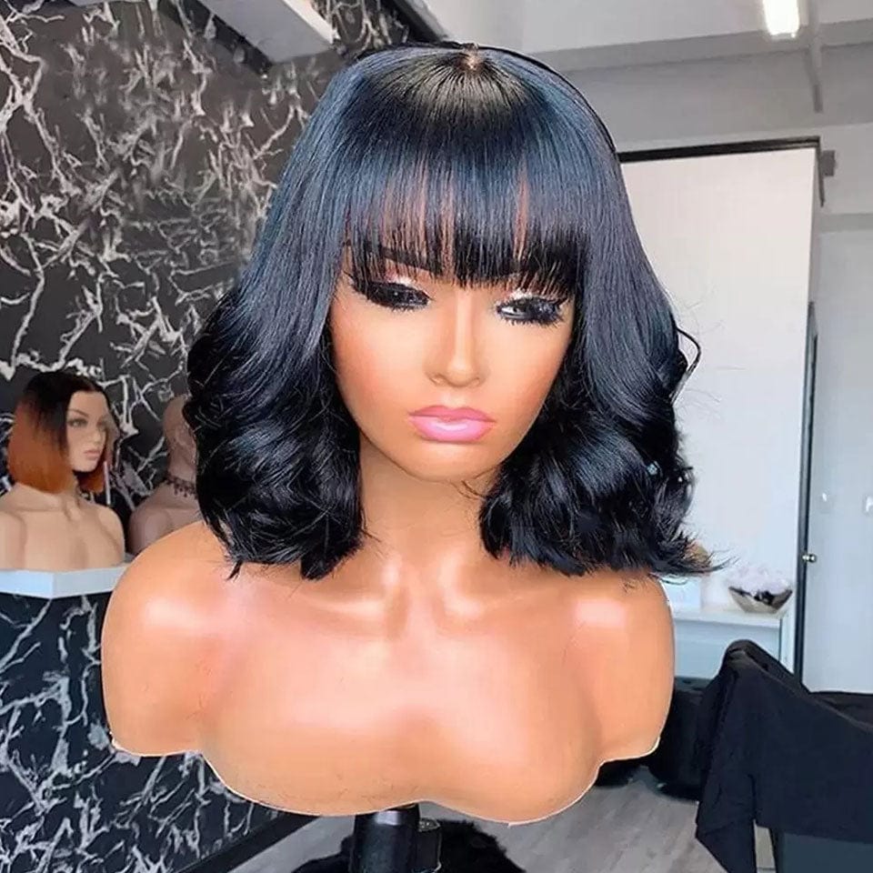 AILUXY Loose Wave Bob Perruque Avec Frange Fabriquée À La Machine 100% Cheveux Humains