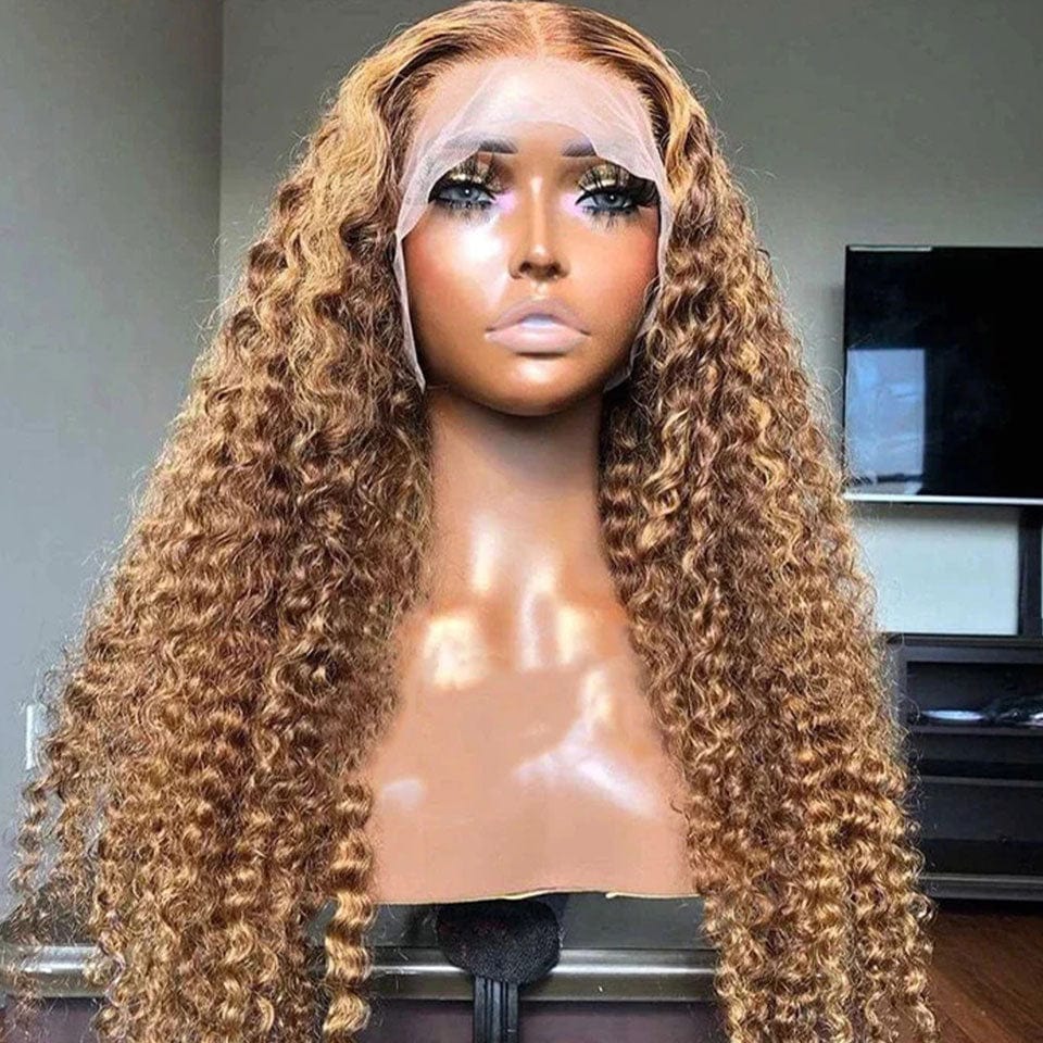 Sans Colle AILUXY 13x4 Lace Frontal Brun Aux Reflets Blonds Bouclé Longue Perruque 100% Cheveux Humains Densité 200%