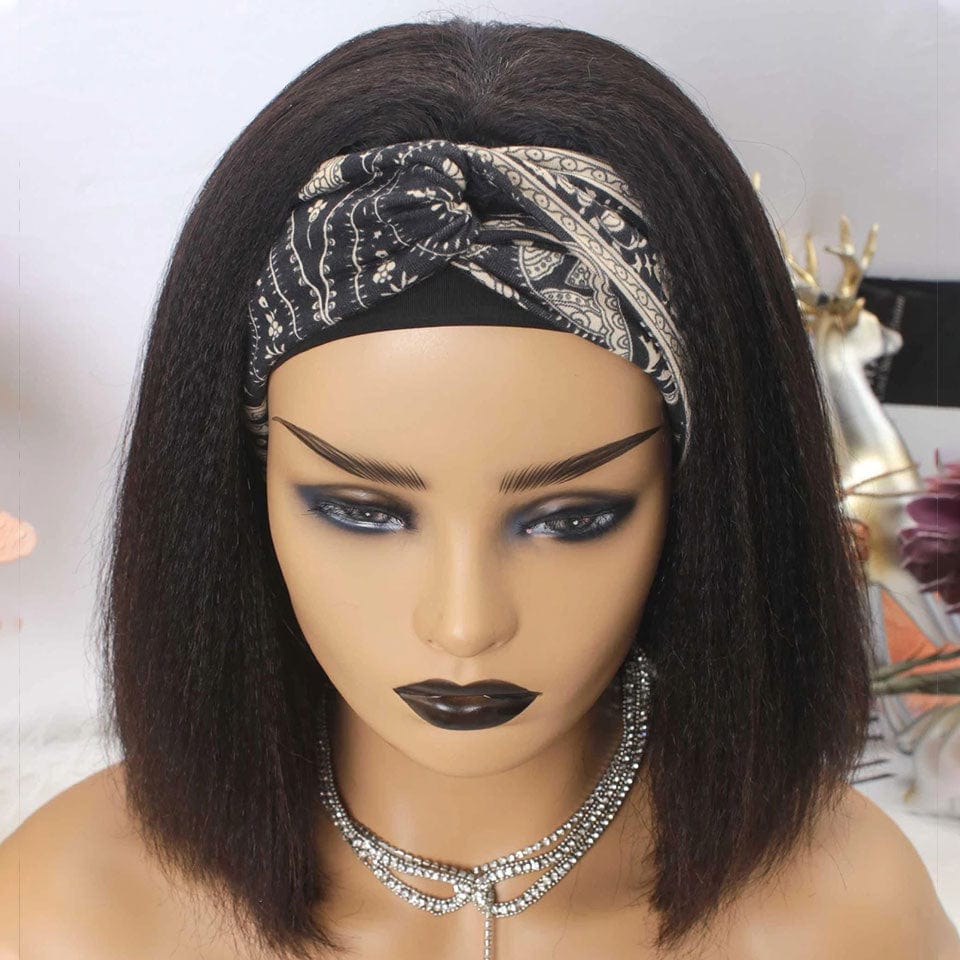 AILUXY Perruque Bandeau Kinky Lisse Noir Bob Perruque 100% Cheveux Humains