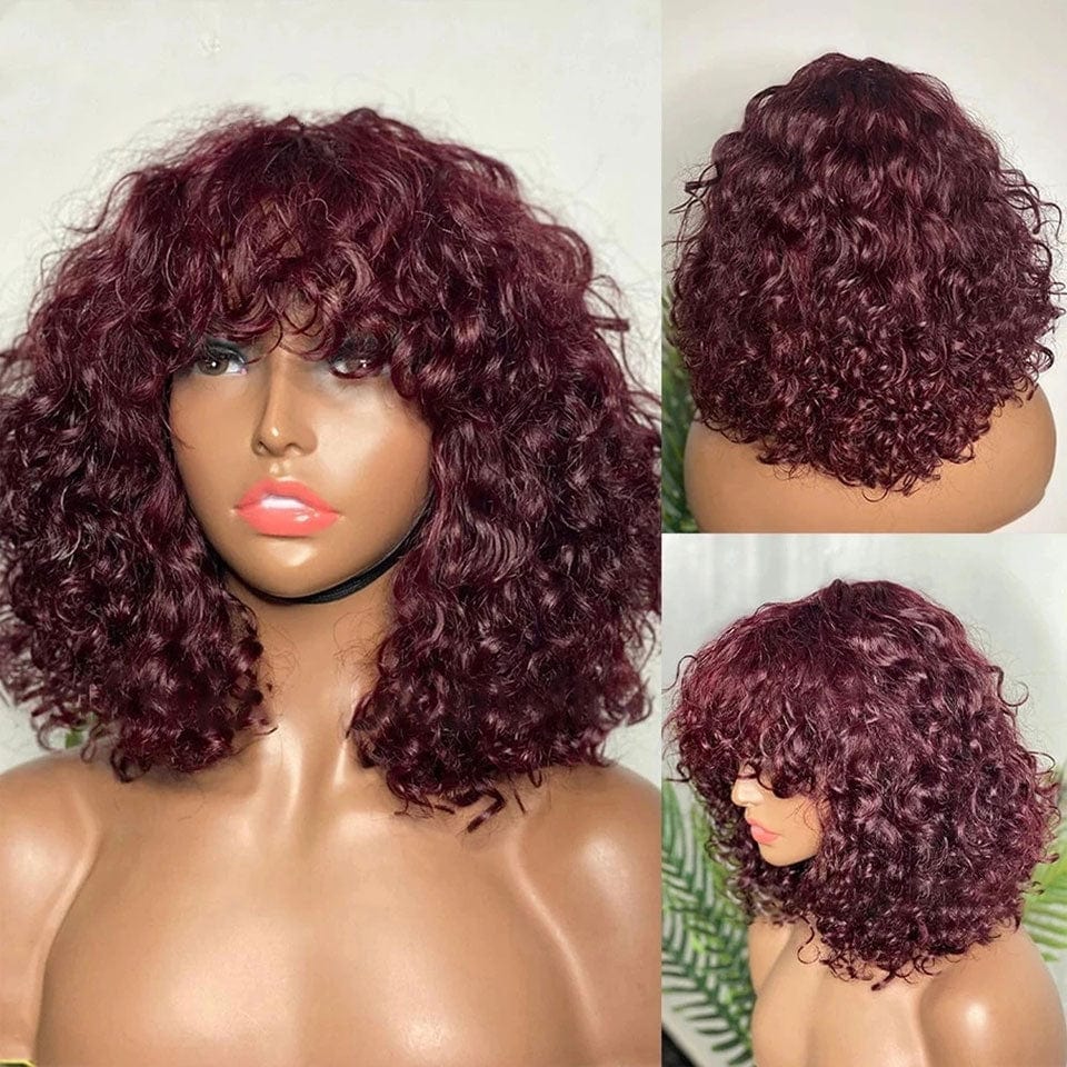 AILUXY Deep Wave Rouge Foncé 99J Bob Perruque Avec Frange Fabriquée À La Machine