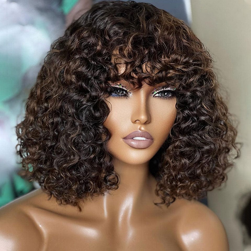 AILUXY Deep Wave Bob Perruque En Couleur Mixte 1B/#4 Avec Frange