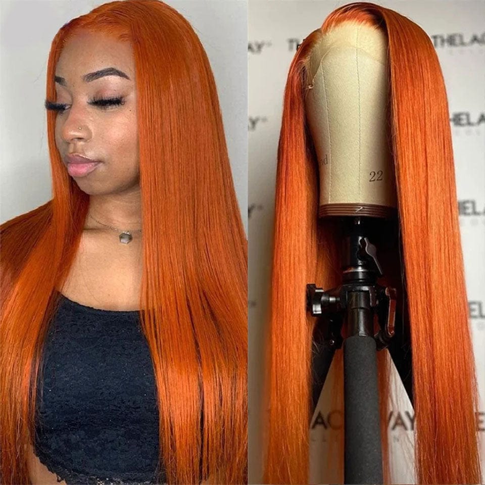 AILUXY 13x4 Lace Frontal Perruque Orange Lisse Longue Perruque 200% Densité 100% Cheveux Humains