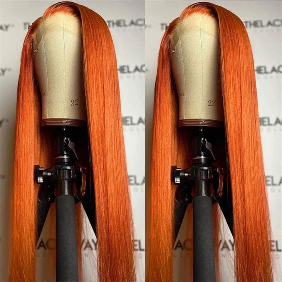 AILUXY 13x4 Lace Frontal Perruque Orange Lisse Longue Perruque 200% Densité 100% Cheveux Humains