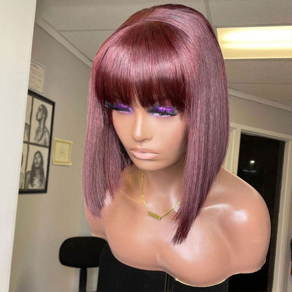 AILUXY 99J Rouge Bourgogne Lisse Bob Perruque Avec Frange 100% Cheveux Humains