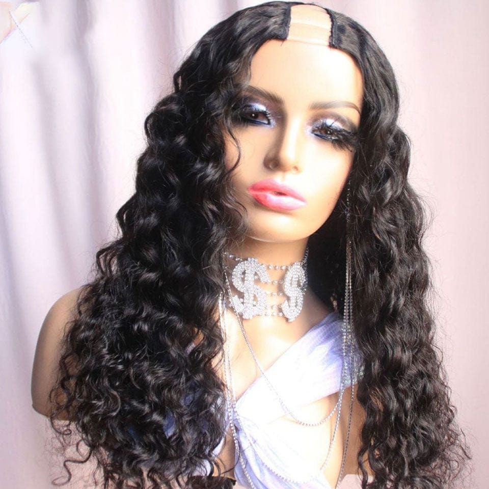 AILUXY U Part Lace Perruque Deep Wave Noir Longue 100% Cheveux Humains