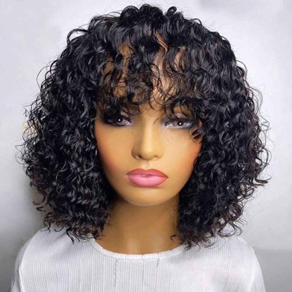 AILUXY Water Wave Noir Bob Perruque Avec Frange Fabriquée À La Machine 100% Cheveux Humains