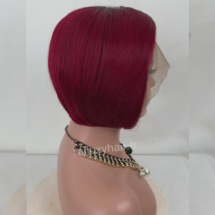 AILUXY T Part Lisse Rouge Bourgogne Avec Racine Noire 1B/99J Courte Perruque 100% Cheveux Humains