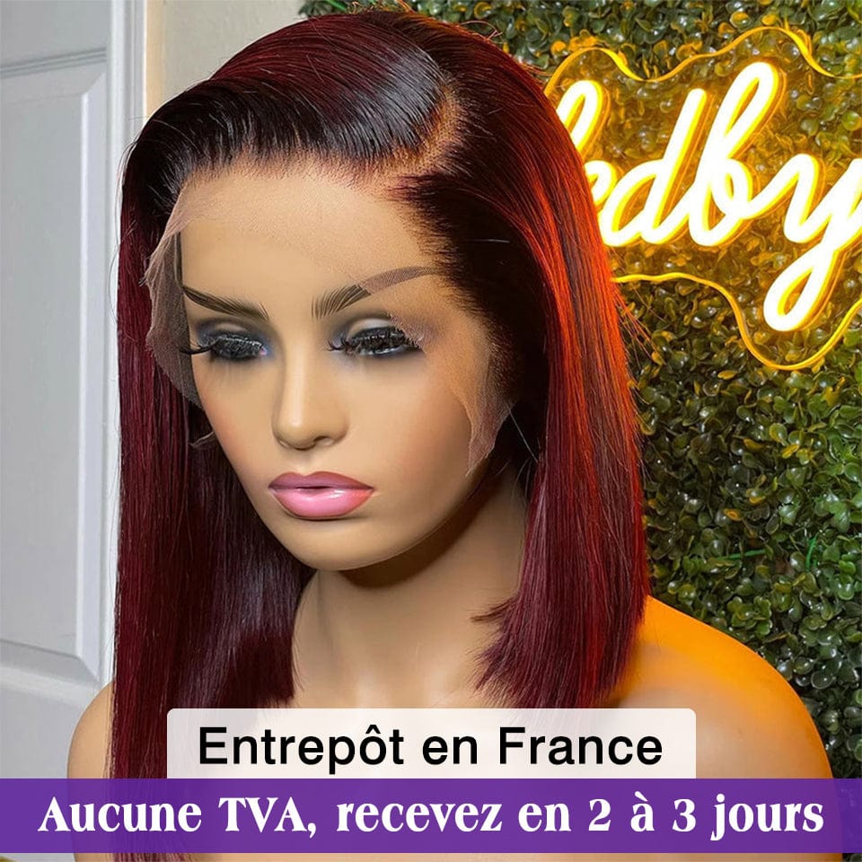 AILUXY 13x4 Lace Frontal Perruque Lisse Courte 1B99J Bourgogne Bob Perruque 100% Cheveux Humains