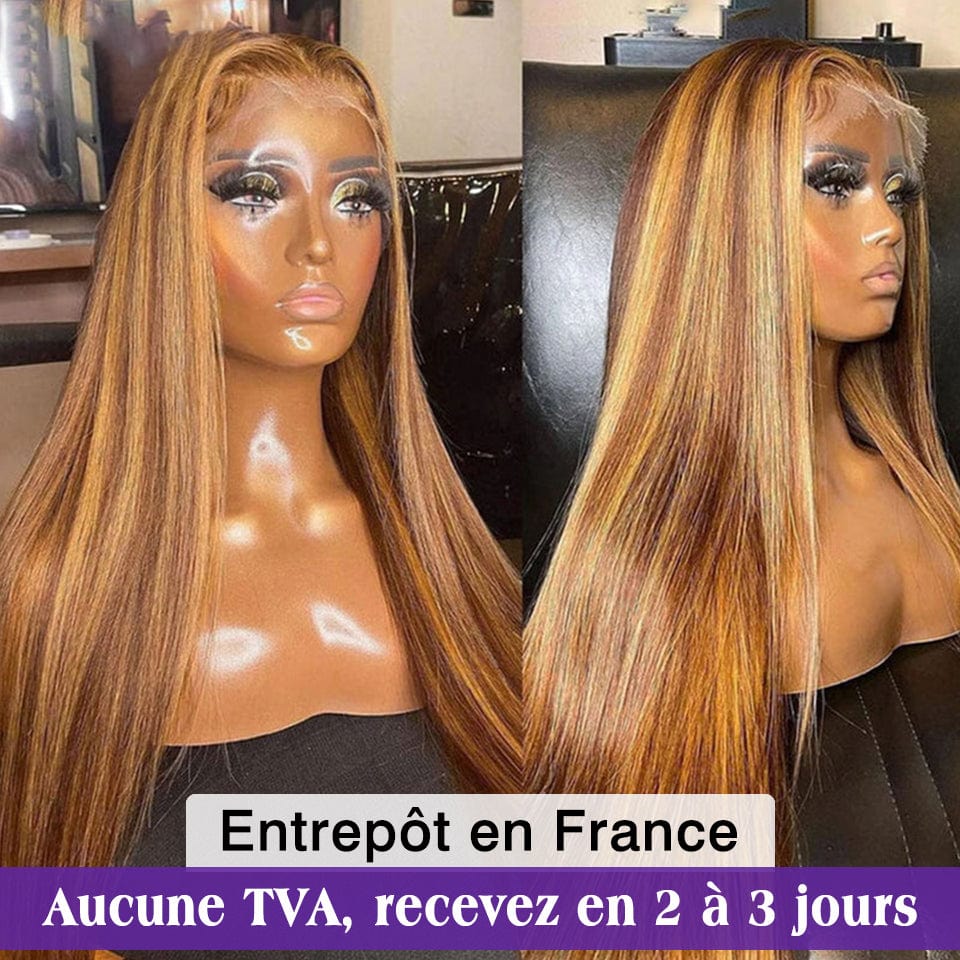 AILUXY 13x4 Lace Frontal Lisse Longue Brun Balayage Miel #4#27 Perruque 100% Cheveux Humains