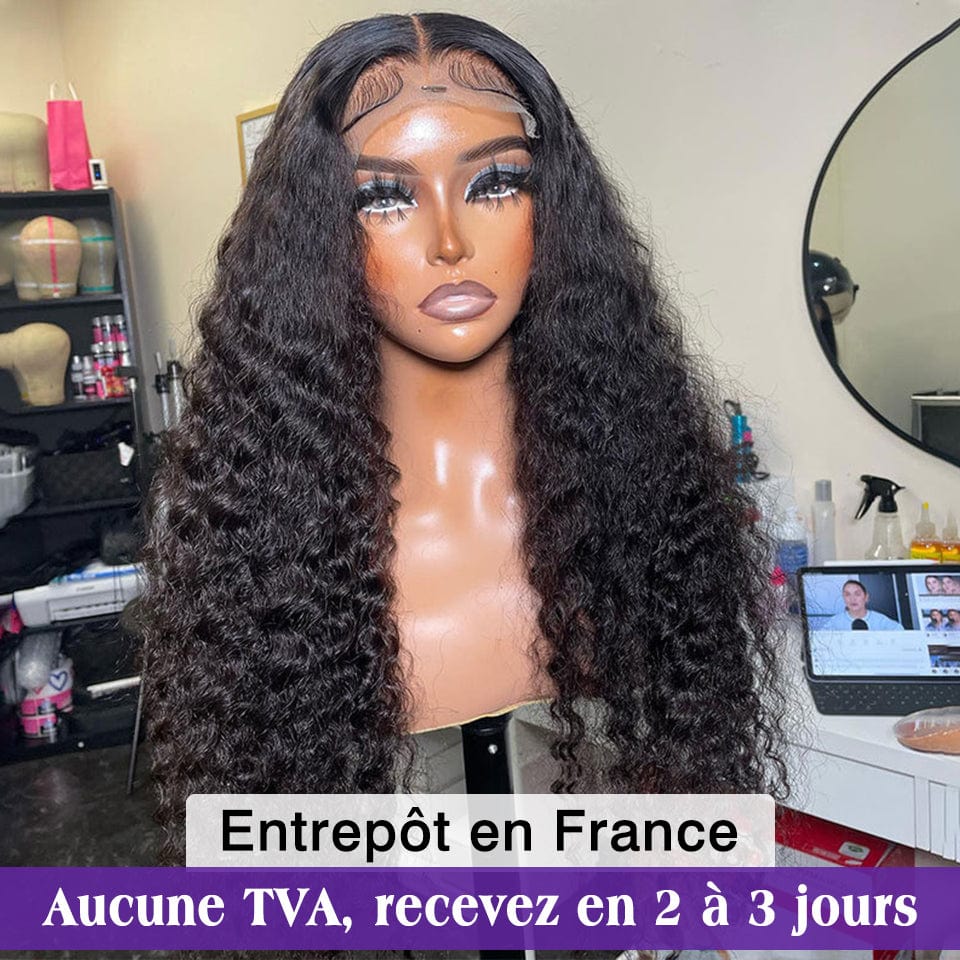 AILUXY 4x4 Lace Closure Perruque Deep Wave Longue Couleur naturelle 200% densité 100% cheveux humains