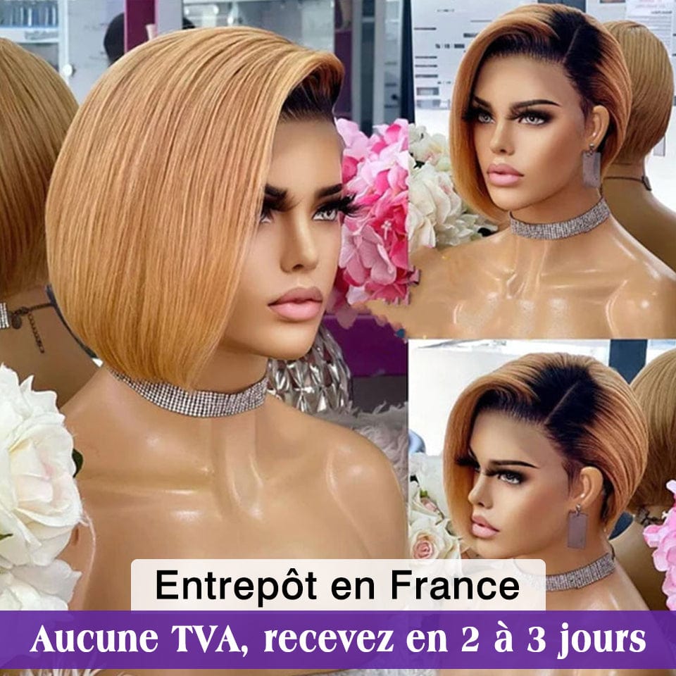 AILUXY T Part Lace Lisse Noir Châtain 1B/27 Courte Perruque 100% Cheveux Humains