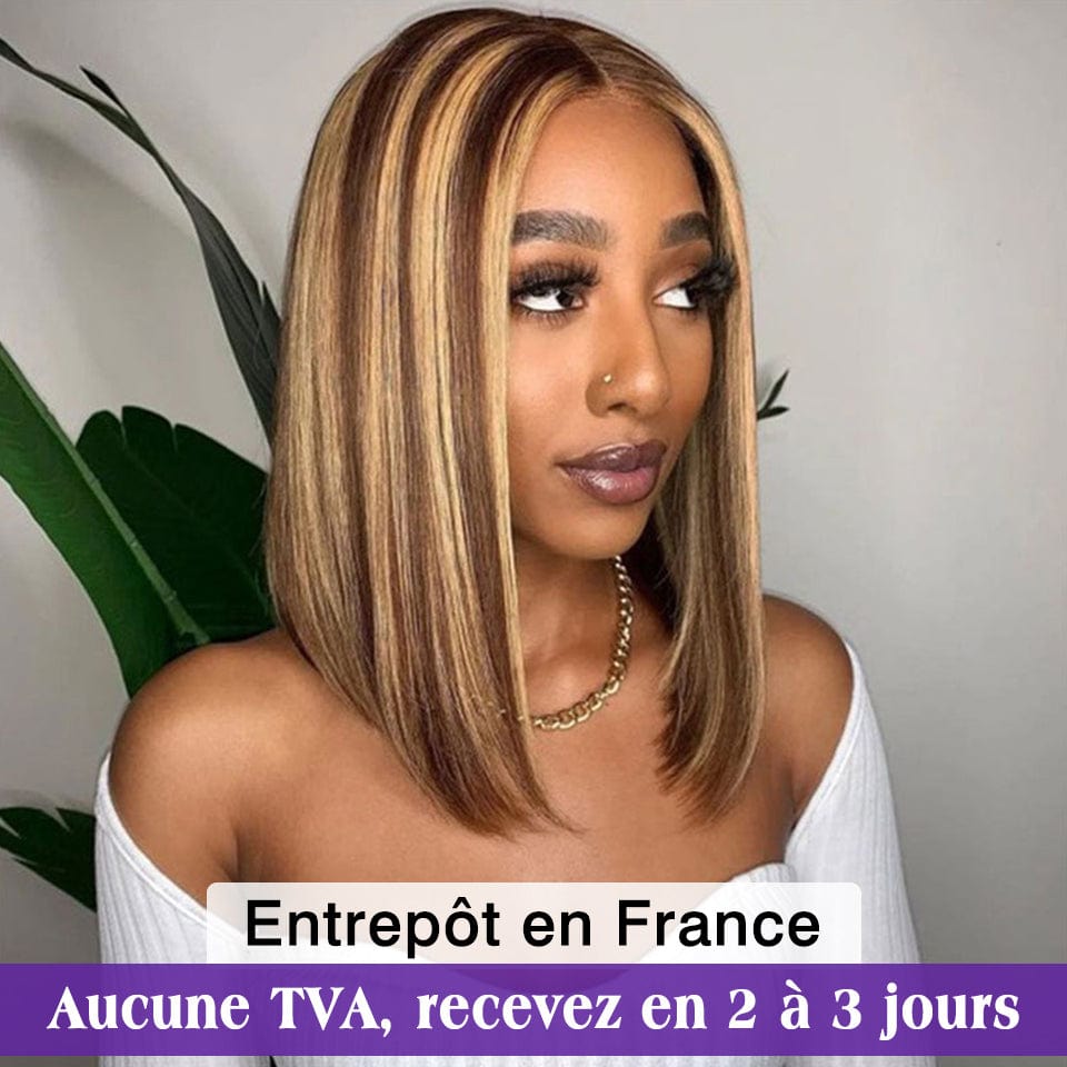 AILUXY 4x4 Lace Closure Brun Balayage Miel  #4#27 Lisse Bob Perruque 100% Cheveux Humains