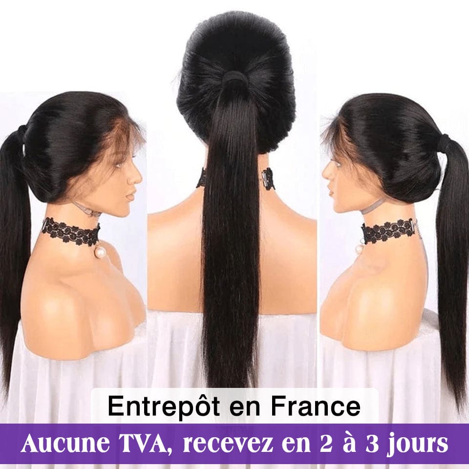 AILUXY 360 Lace Frontal Perruque Lisse Longue 200% densité Noir 100% cheveux humains