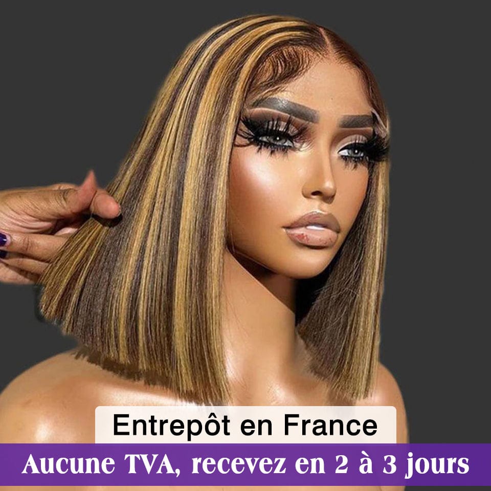 AILUXY 13x4 Lace Frontal Brun Balayage Miel Lisse Courte Bob Perruque 100% Cheveux Humains